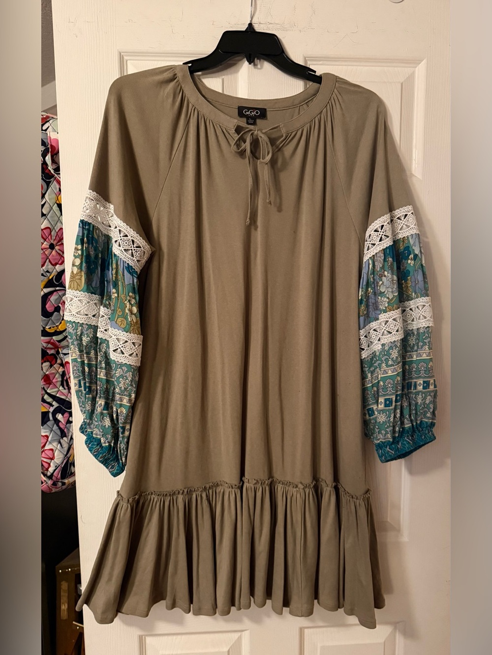 Gigi’s Olive Dress with Teal Floral Balloon Sleeves